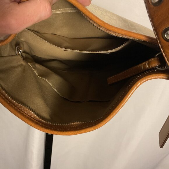 Coach Signature Canvas Crossbody Bag Tan Leather Trim Adjustable Strap - Picture 7 of 9